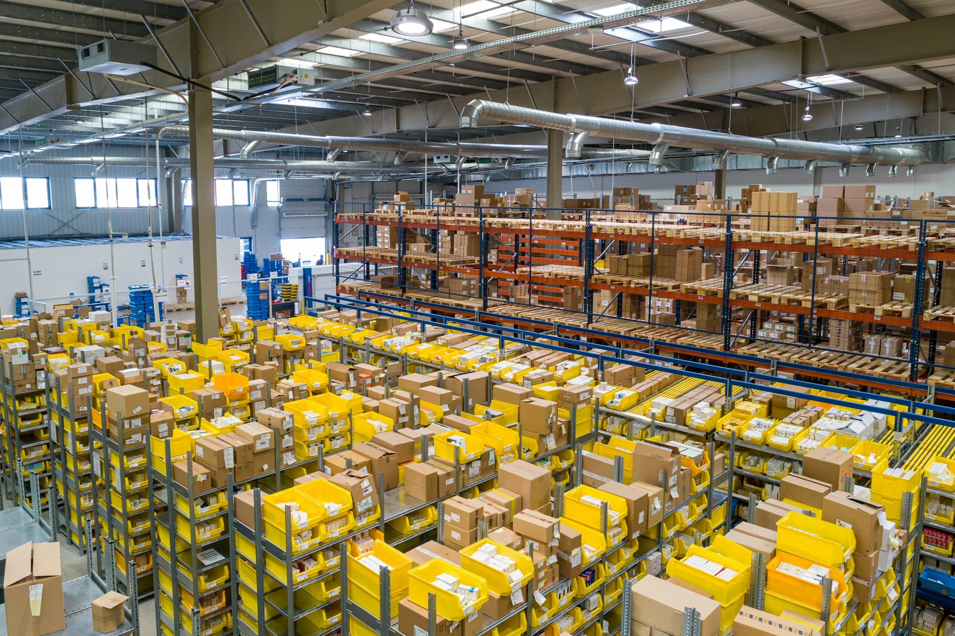 Warehouse aisle with stored inventory